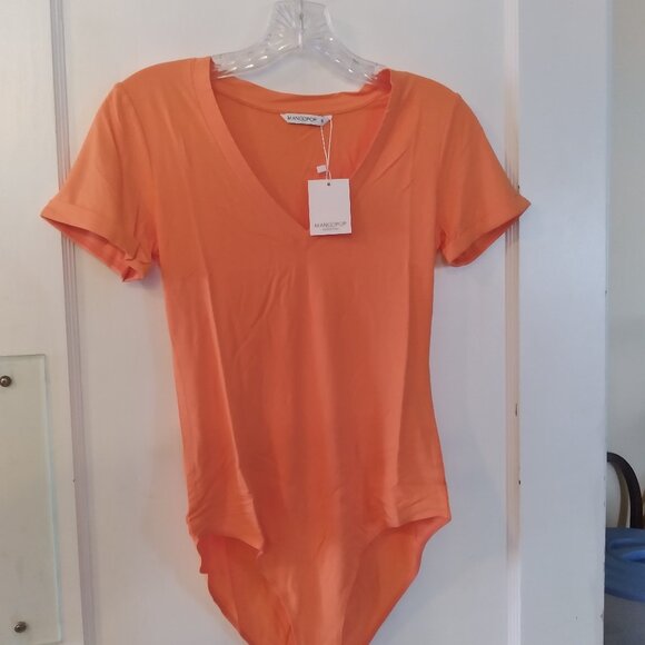 Mangopop orange lightweight V neck short sleeve bodysuit size Small, snap crotch - Picture 2 of 4